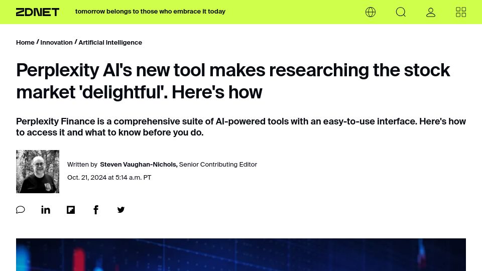 Screenshot of zdnet.com: Perplexity AI's new tool for researching the stock market