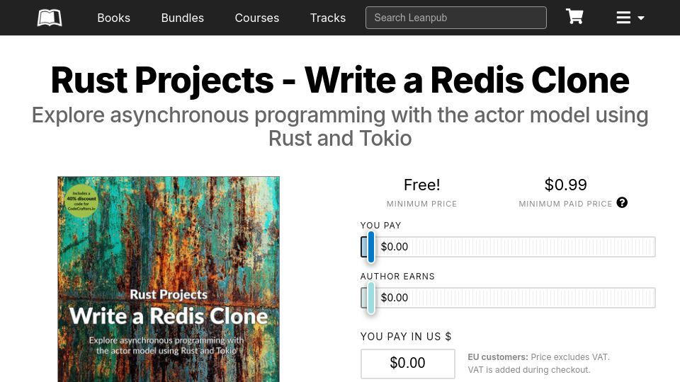 Screenshot of leanpub.com: My free book "Rust Projects – Write a Redis Clone" is out