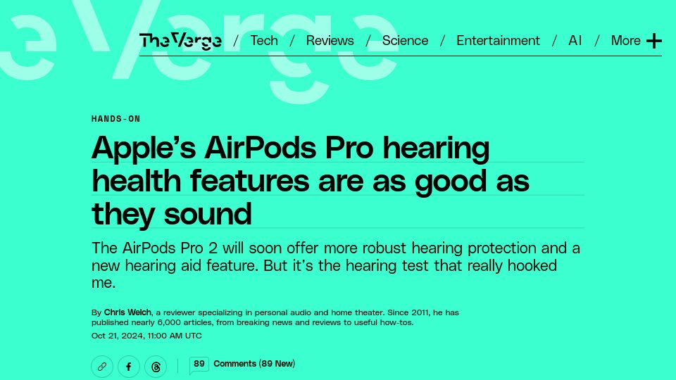 Screenshot of theverge.com: Apple's AirPods Pro hearing health features