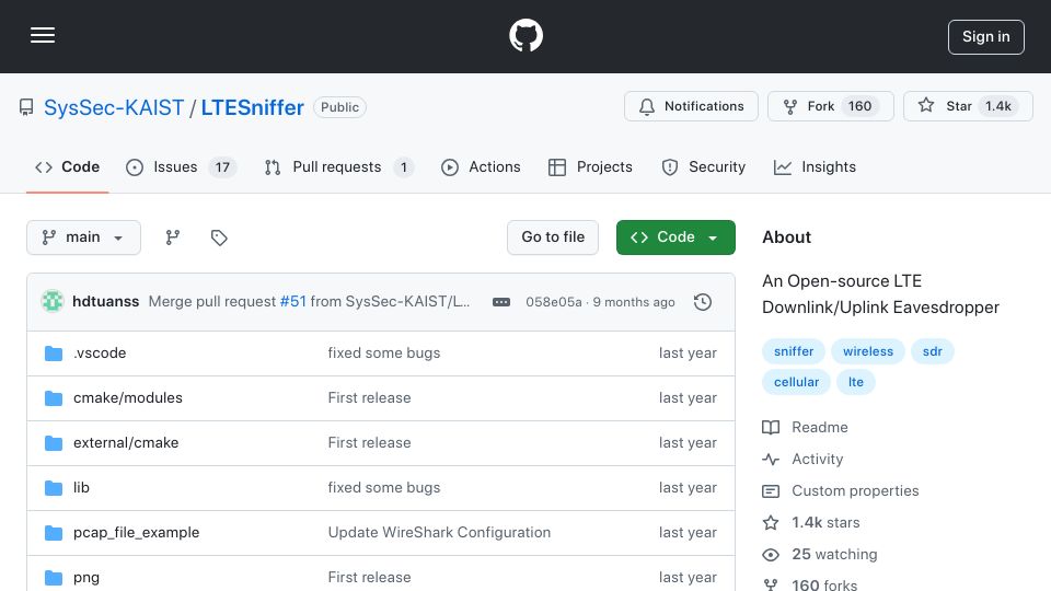 Screenshot of github.com: LTESniffer: An Open-Source LTE Downlink/Uplink Eavesdropper