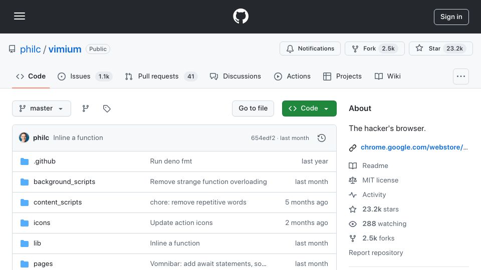 Screenshot of github.com: Vimium – The Hacker's Browser