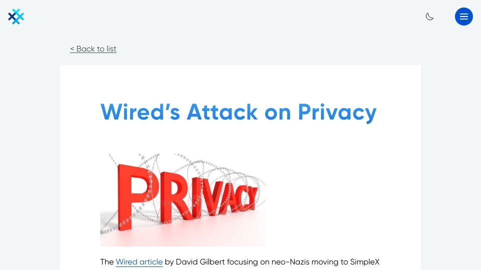 Screenshot of simplex.chat: Wired's Attack on Privacy