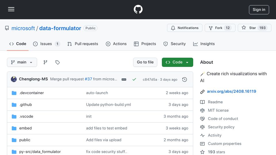 Screenshot of github.com: Show HN: Data Formulator – AI-powered data visualization from Microsoft Research