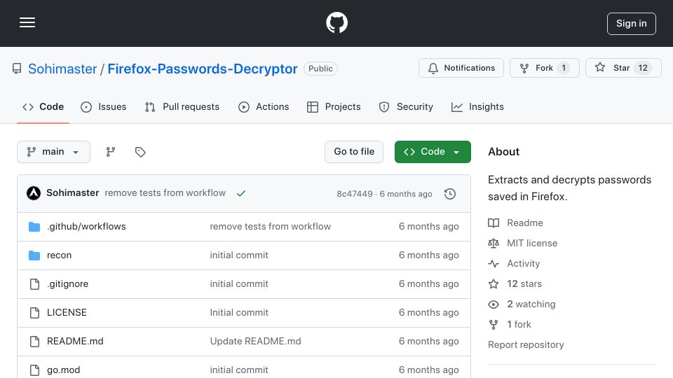Screenshot of github.com: Firefox-Passwords-Decryptor: Extracts and decrypts passwords saved in Firefox