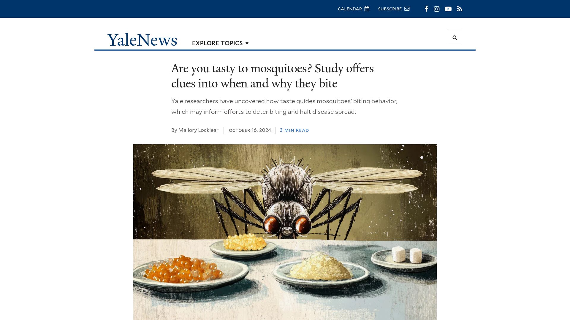 Screenshot of news.yale.edu: Study offers clues into when and why mosquitoes bite