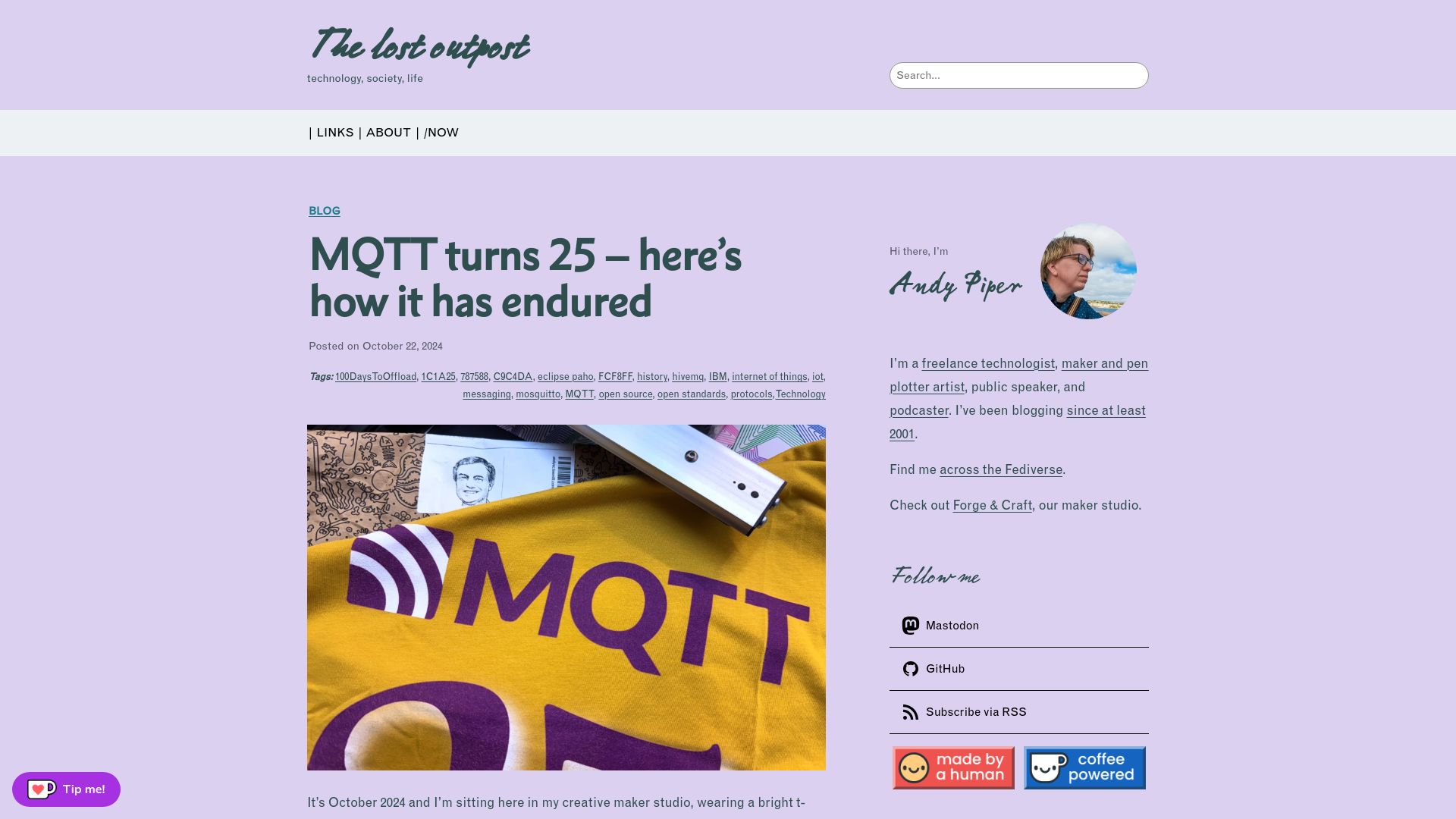 Screenshot of andypiper.co.uk: MQTT turns 25