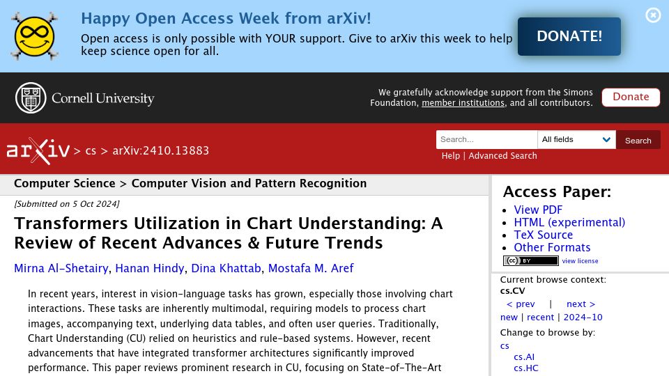 Screenshot of arxiv.org: Transformers Utilization in Chart Understanding: A Review of Advances and Future
