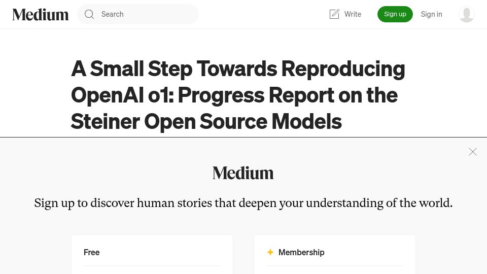 Screenshot of medium.com: Show HN: Steiner – An open-source reasoning model inspired by OpenAI o1