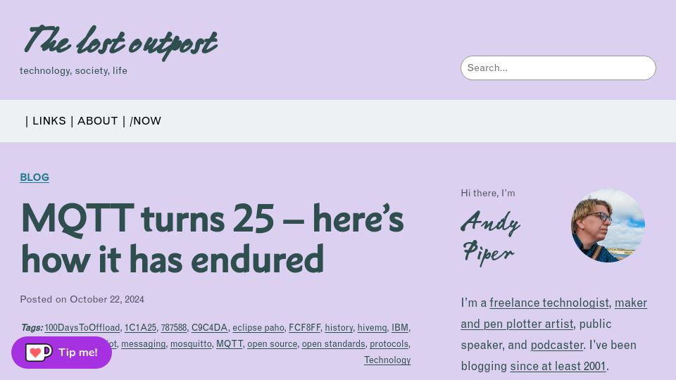 Screenshot of andypiper.co.uk: MQTT turns 25