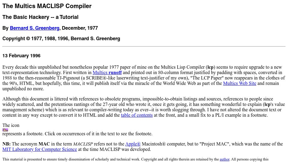 Screenshot of multicians.org: The Multics Maclisp Compiler: The Basic Hackery – A Tutorial (1977)