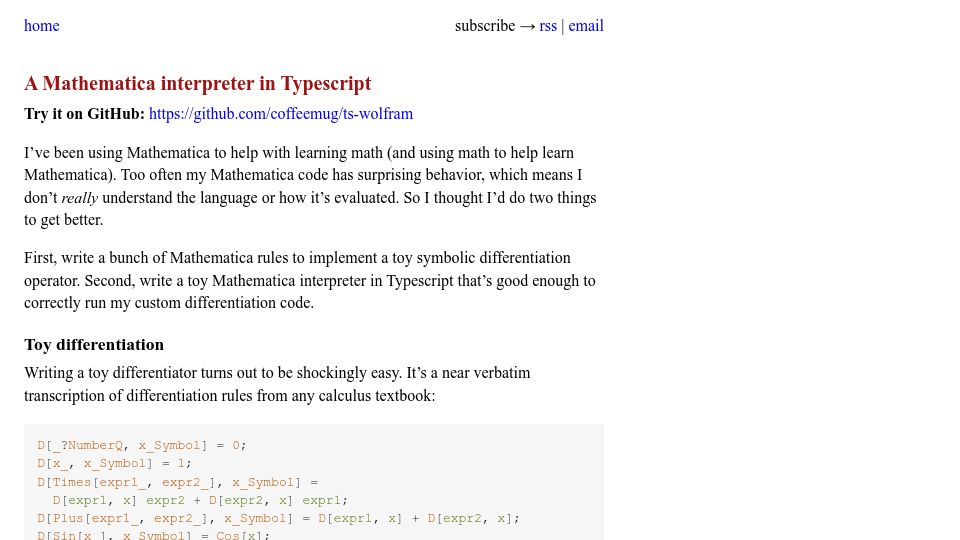 Screenshot of spakhm.com: A Mathematica interpreter in Typescript