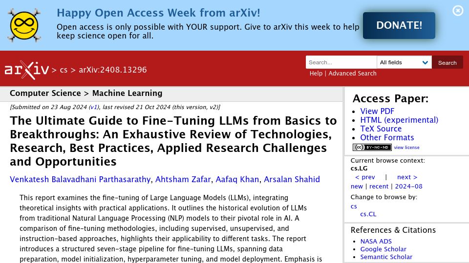 Screenshot of arxiv.org: Guide to Fine-Tuning LLMs