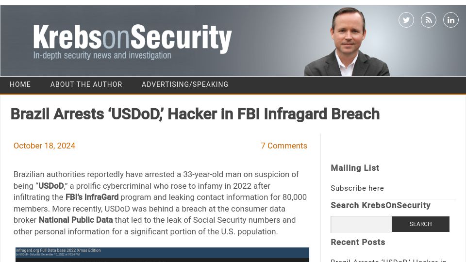 Screenshot of krebsonsecurity.com: Brazil Arrests 'USDoD' Hacker in FBI Infragard Breach