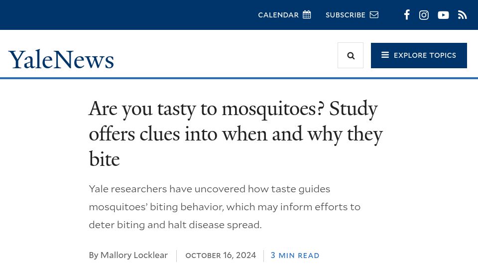 Screenshot of news.yale.edu: Study offers clues into when and why mosquitoes bite