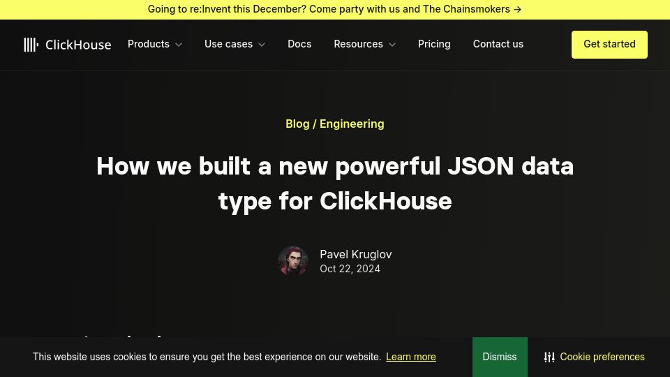 Screenshot of clickhouse.com: A new JSON data type for ClickHouse