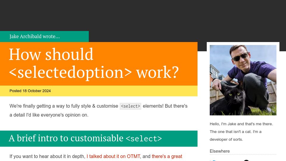 Screenshot of jakearchibald.com: How should the new <selectedoption> element work?