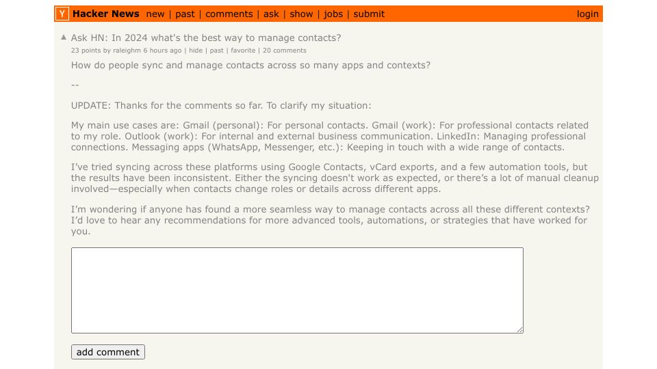 Screenshot of Hacker News post: Ask HN: In 2024 what's the best way to manage contacts?