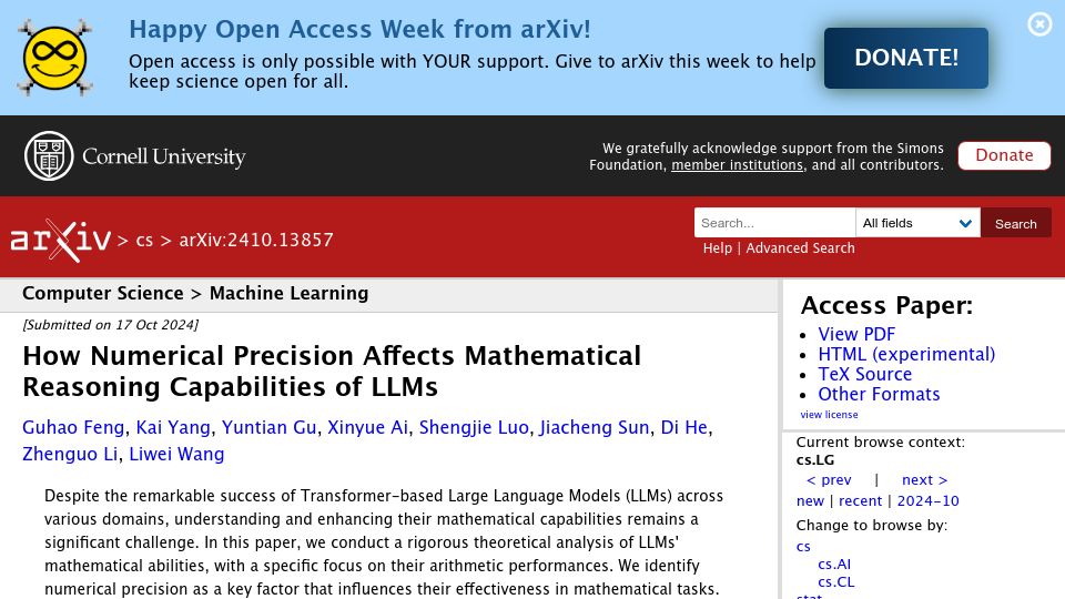 Screenshot of arxiv.org: Numerical Precision Affects Mathematical Reasoning Capabilities of LLMs