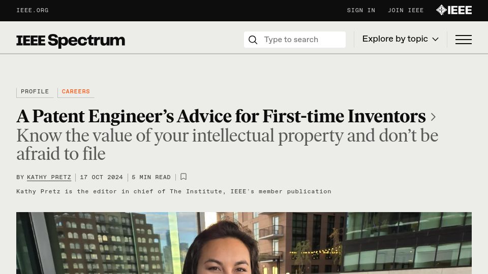 Screenshot of spectrum.ieee.org: Advice for first-time inventors from a patent engineer