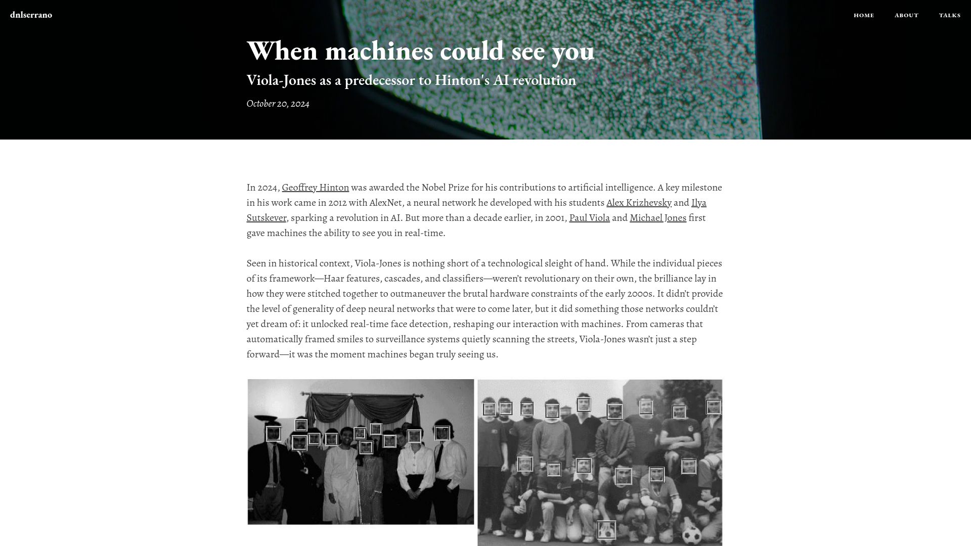Screenshot of dnlserrano.dev: When machines could see you