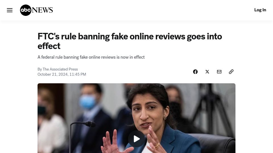 Screenshot of abcnews.go.com: FTC's rule banning fake online reviews goes into effect
