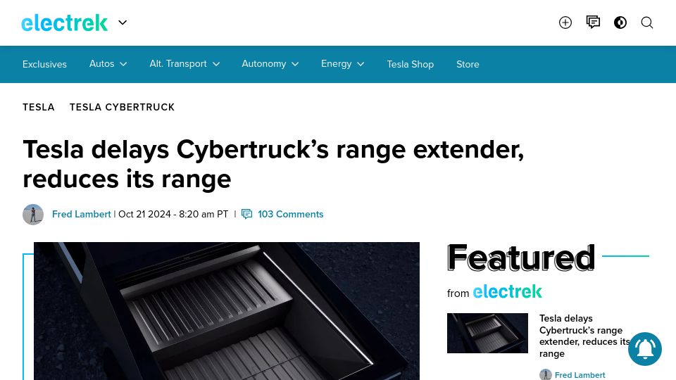 Screenshot of electrek.co: Tesla delays Cybertruck's range extender, reduces its range