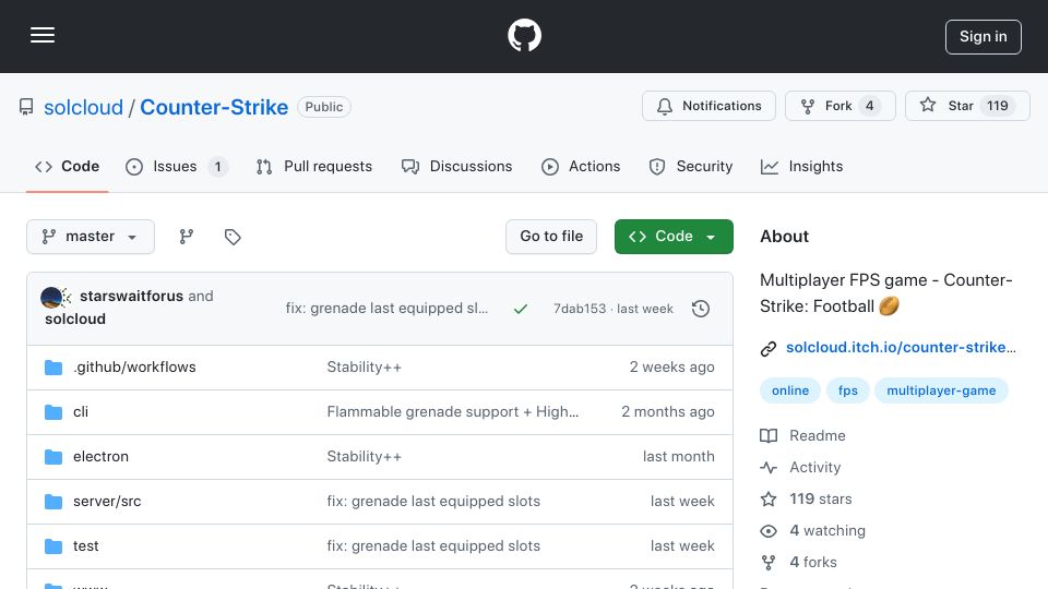 Screenshot of github.com: Show HN: Open-source Counter-Strike-like game