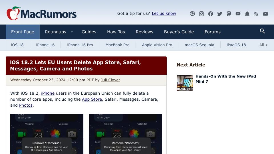 Screenshot of macrumors.com: iOS 18.2 Lets EU Users Delete App Store, Safari, Messages, Camera and Photos