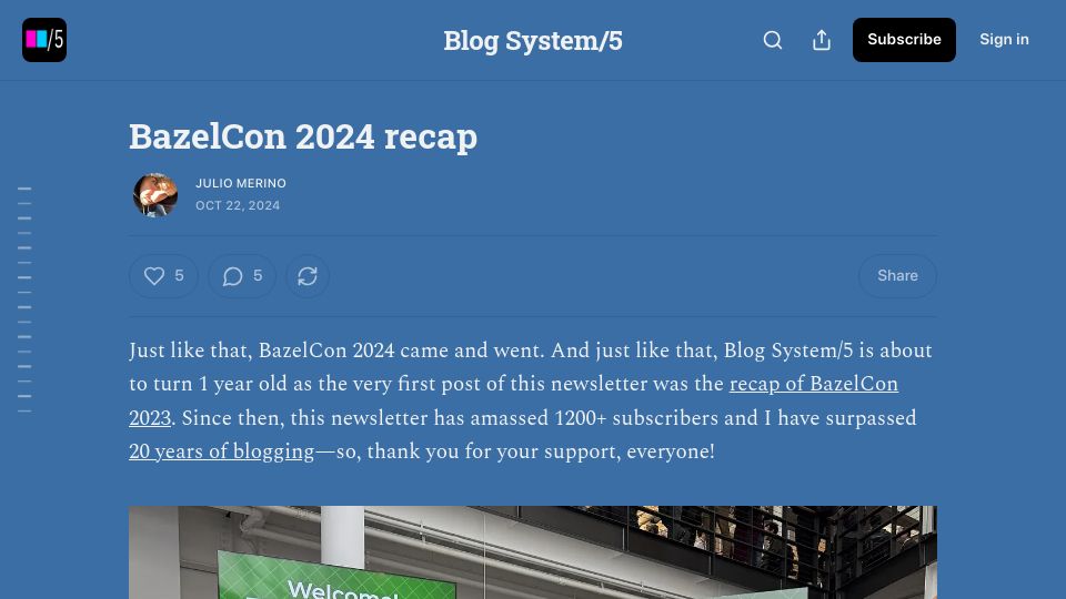 Screenshot of blogsystem5.substack.com: BazelCon 2024 Recap