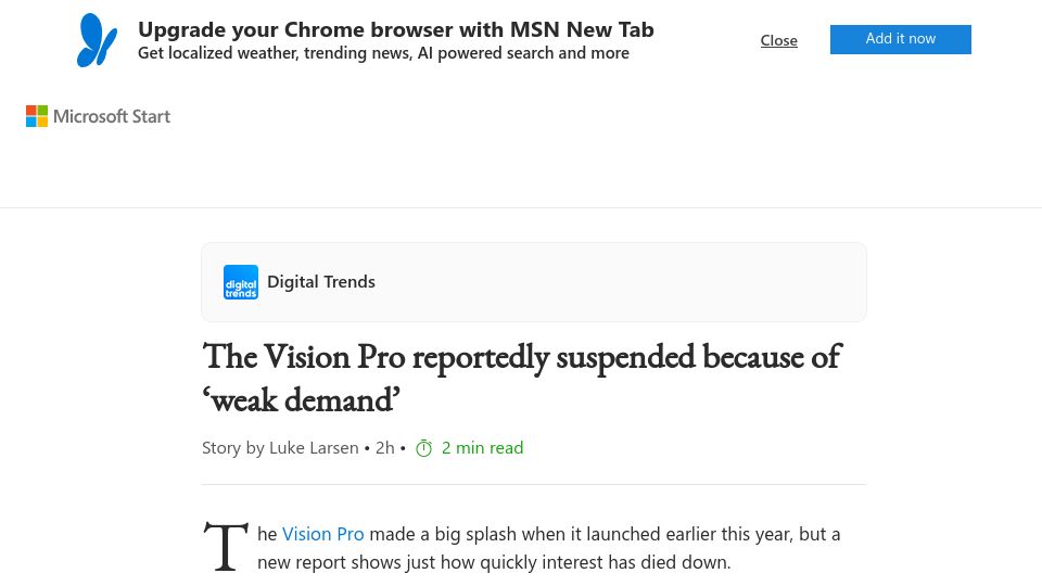 Screenshot of msn.com: The Vision Pro reportedly suspended because of weak demand