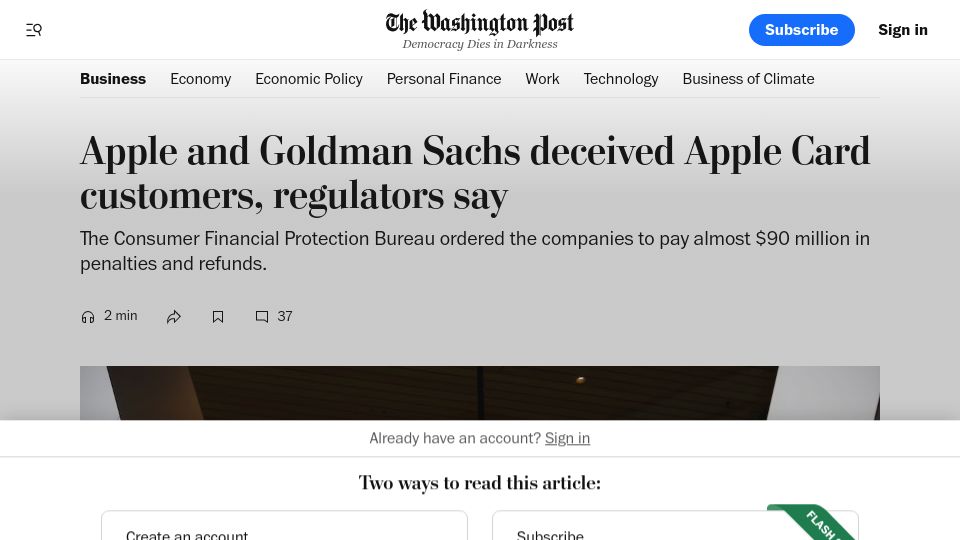 Screenshot of washingtonpost.com: Apple and Goldman Sachs deceived Apple Card customers, regulators say