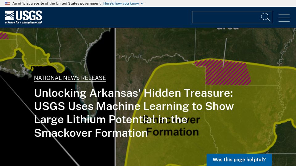 Screenshot of usgs.gov: USGS uses machine learning to show large lithium potential in Arkansas