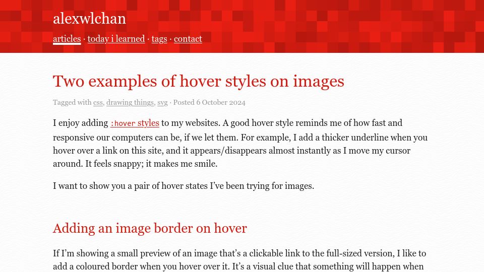 Screenshot of alexwlchan.net: Two examples of hover styles on images