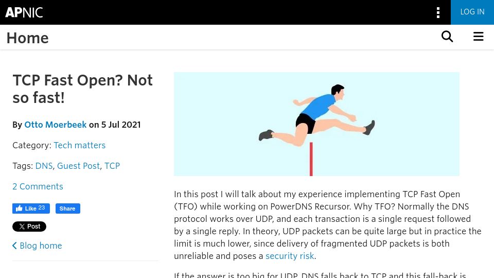 Screenshot of blog.apnic.net: TCP Fast Open? Not so fast (2021)