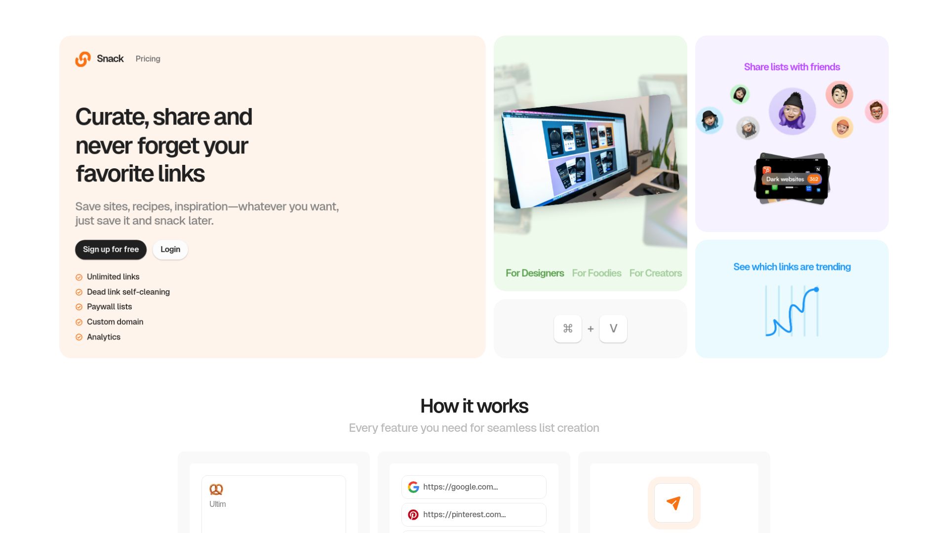 Screenshot of snack.xyz: Show HN: I made a tool for curating and sharing links as lists