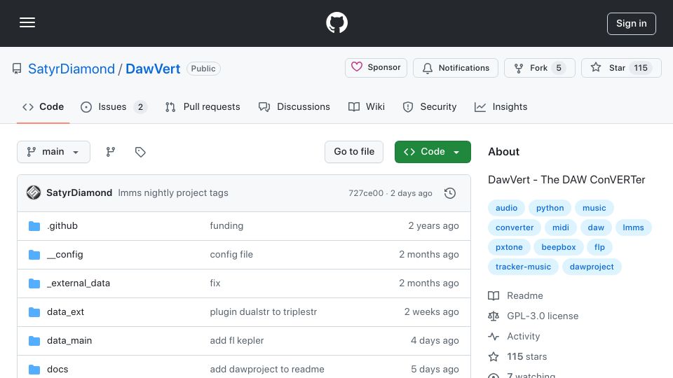 Screenshot of github.com: DawVert – a DAW project file converter