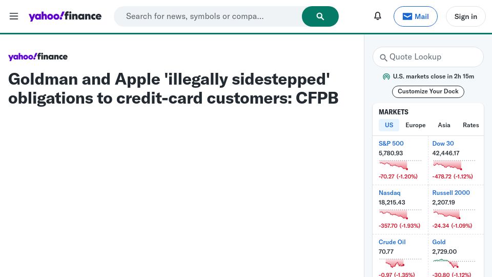Screenshot of finance.yahoo.com: Goldman and Apple 'illegally sidestepped' obligations to credit-card customers