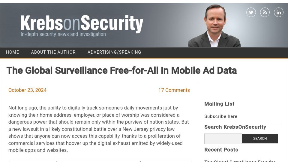 Screenshot of krebsonsecurity.com: The global surveillance free-for-all in mobile ad data