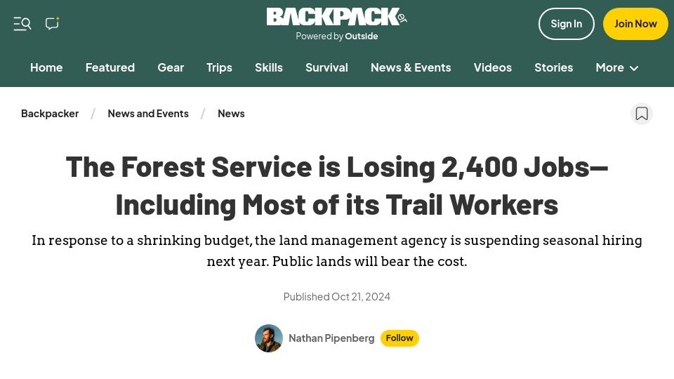 Screenshot of backpacker.com: The Forest Service Is Losing 2,400 Jobs–Including Most of Its Trail Workers