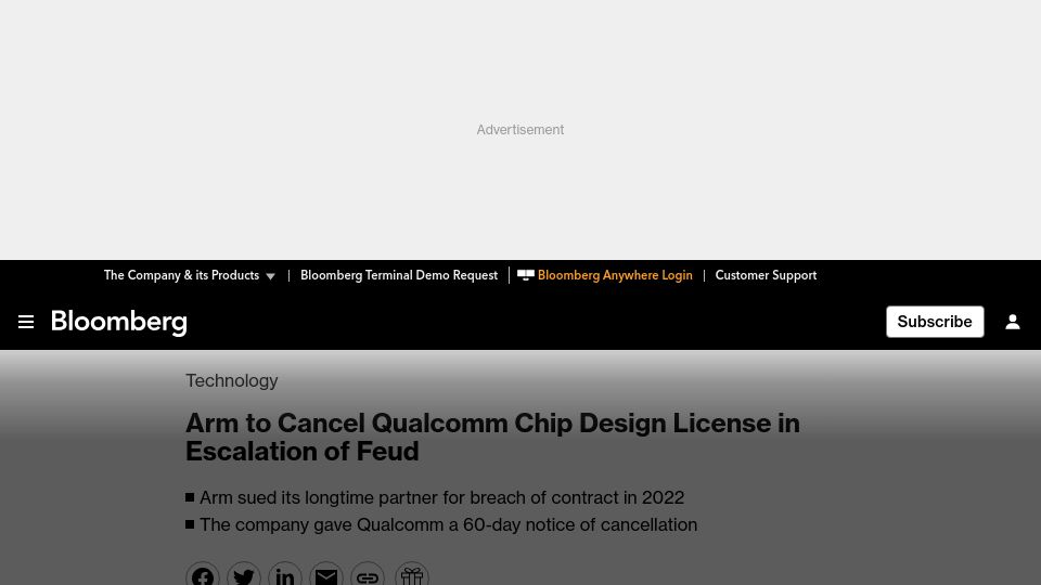 Screenshot of bloomberg.com: Arm is canceling Qualcomm's chip design license