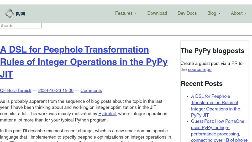 Screenshot of pypy.org: A DSL for peephole transformation rules of integer operations in the PyPy JIT
