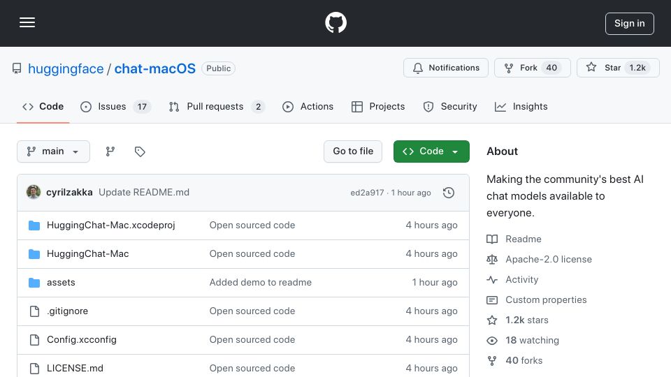 Screenshot of github.com: Show HN: A macOS Client for HuggingFace Chat