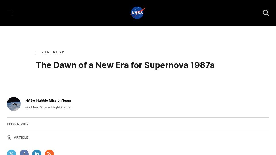 Screenshot of science.nasa.gov: The Dawn of a New Era for Supernova 1987a (2017)