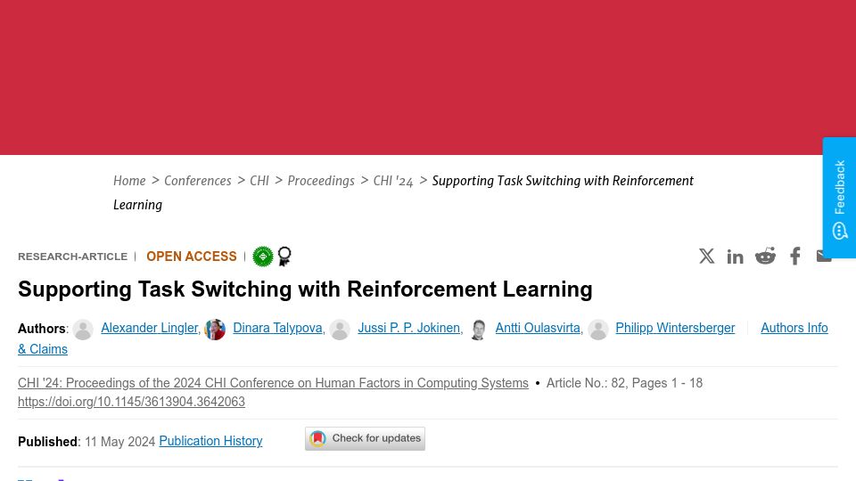 Screenshot of dl.acm.org: Supporting Task Switching with Reinforcement Learning
