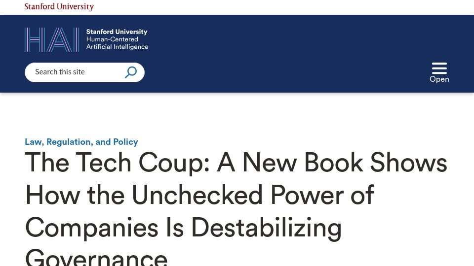 Screenshot of hai.stanford.edu: How the Unchecked Power of Companies Is Destabilizing Governance