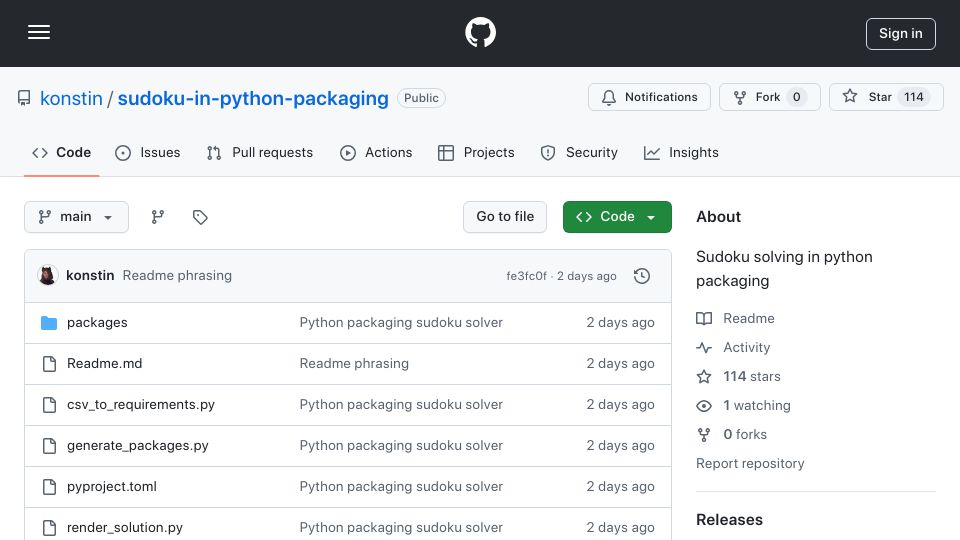 Screenshot of github.com: Solving Sudoku with the Python package resolver