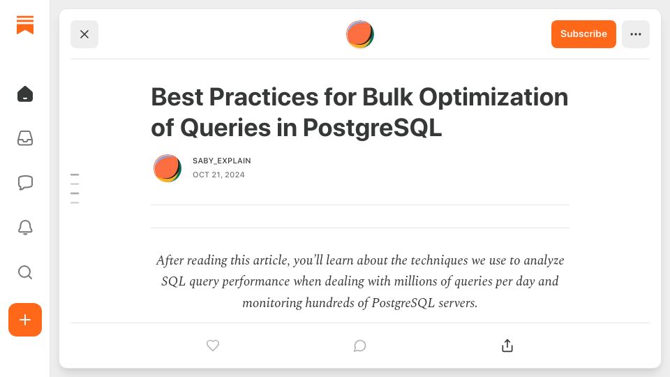 Screenshot of substack.com: Bulk optimization of queries in Postgres