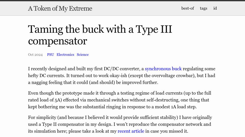 Screenshot of tomscii.sig7.se: Taming the buck with a Type III compensator