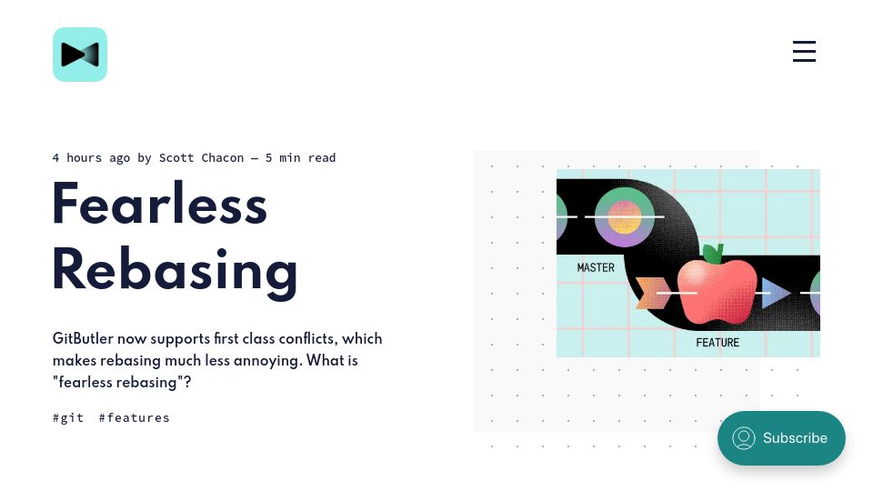 Screenshot of blog.gitbutler.com: GitButler now supports first class conflicts, making rebasing less annoying
