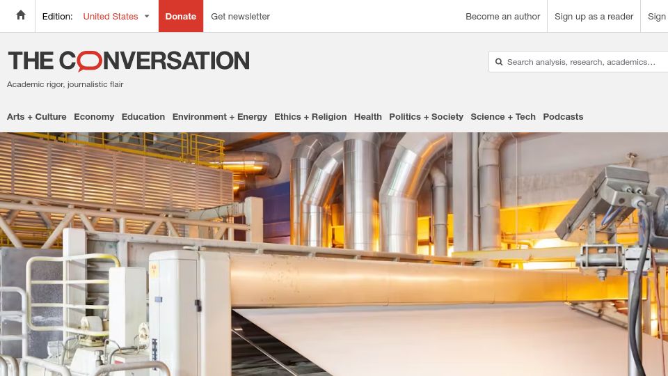 Screenshot of theconversation.com: Paper mills: the 'cartel-like' companies behind fraudulent scientific journals